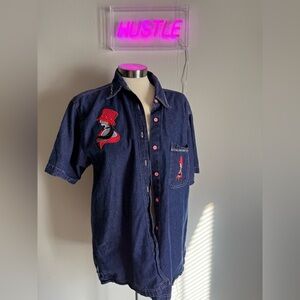 Women’s Vintage denim red hat society button down shirt